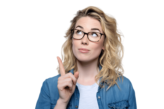 Pensive woman with glasses pointing up, having a bright idea.