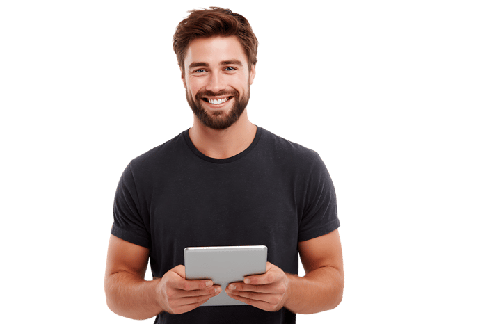 Smiling man holding a tablet.