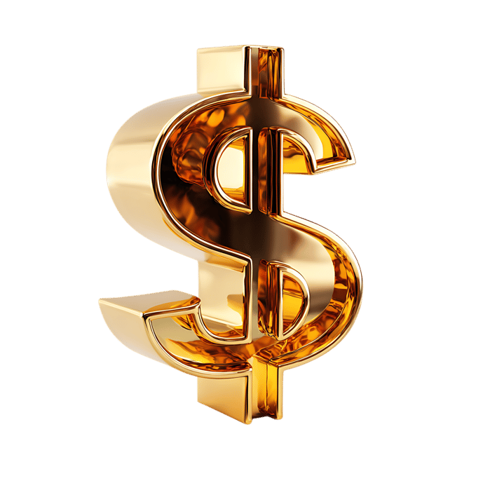 3D golden dollar symbol representing wealth, investment, and financial success.