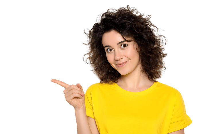 Happy woman pointing her finger to the side. Great for marketing and advertising.