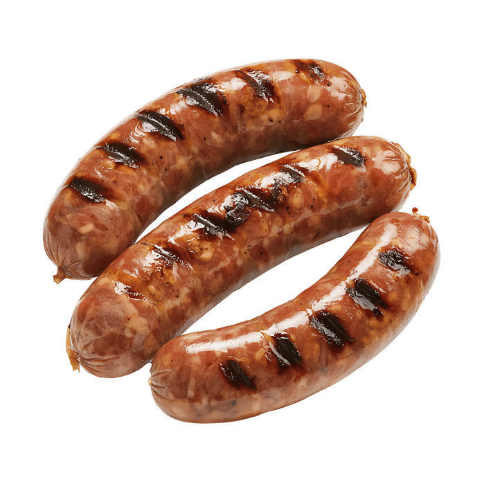 Three delicious grilled sausages, perfect for a barbecue.
