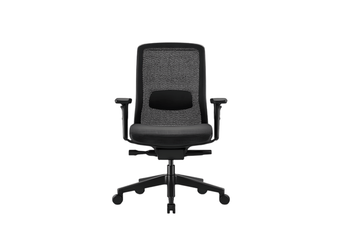 Front view of a sleek black office chair on a black background