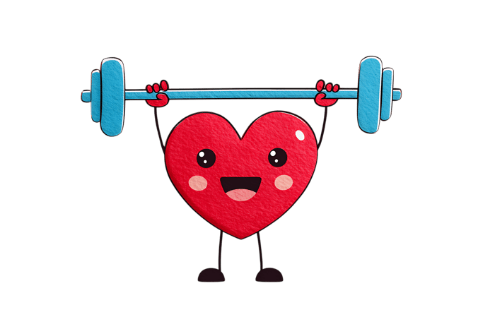 Cute heart character lifting a barbell, promoting heart health and fitness.