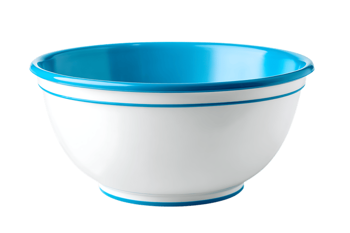 White enamel bowl with blue rim, isolated on black background.