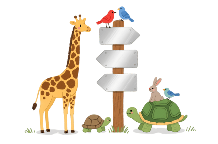 Cartoon giraffe, turtle, rabbit, and birds by a signpost