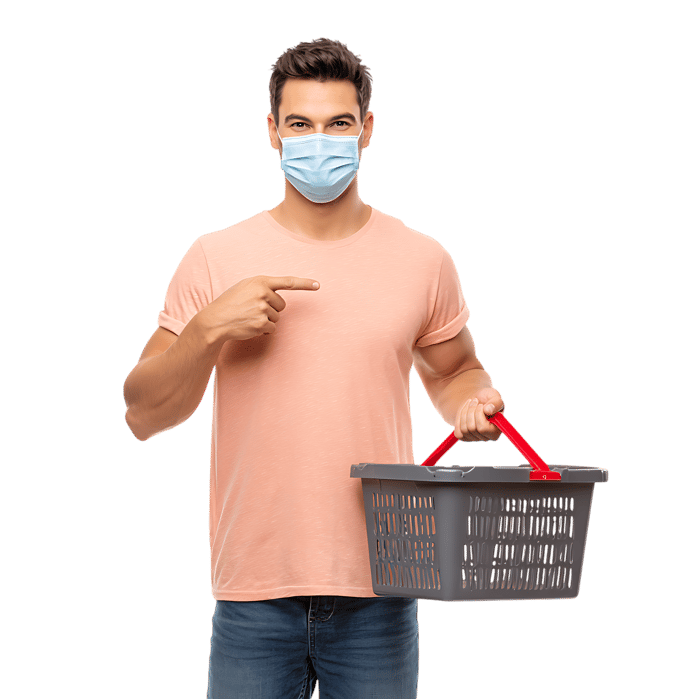 Man in mask points to empty shopping basket