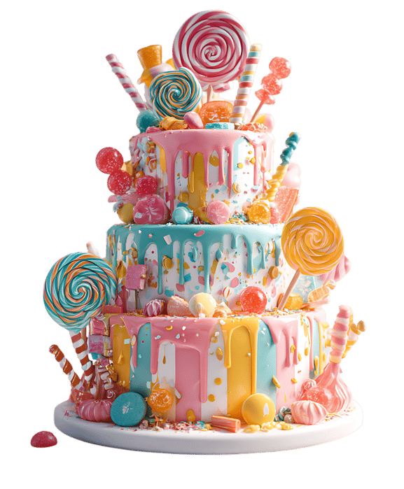 A three-tiered cake decorated with colorful candies and lollipops.