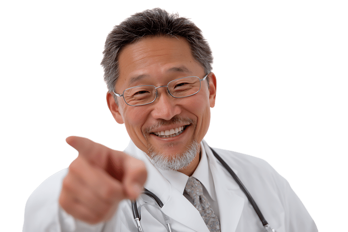 Smiling doctor points at you973.