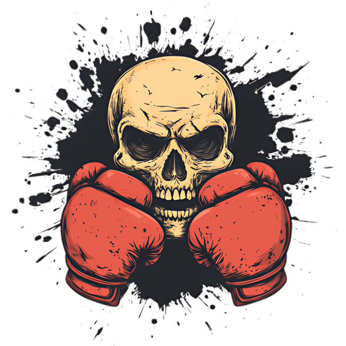 Skull with boxing gloves breaking through a wall