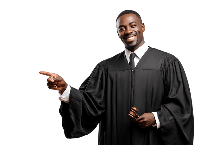 African American judge pointing right, legal advice, courtroom, justice system