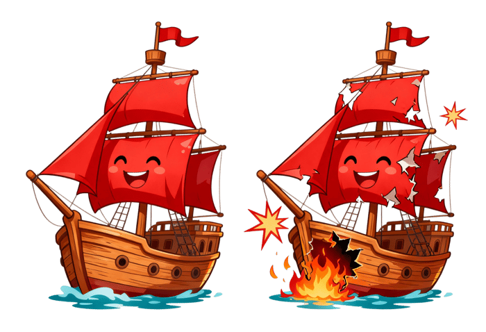 Cartoon pirate ship before and after damage
