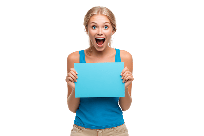 Excited woman holding a blank blue sign.