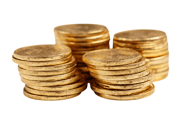 Stacks of gold coins shine brightly.