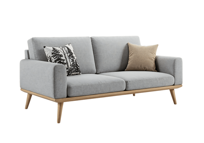 Modern light grey fabric sofa with wooden legs and cushions