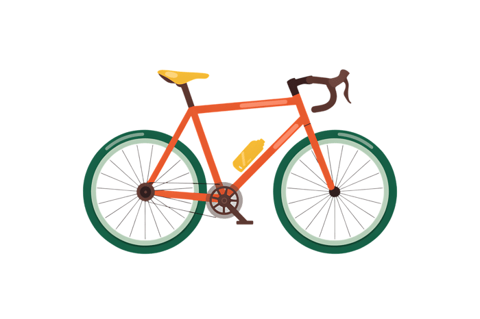 Orange bicycle illustration with green tires and yellow seat