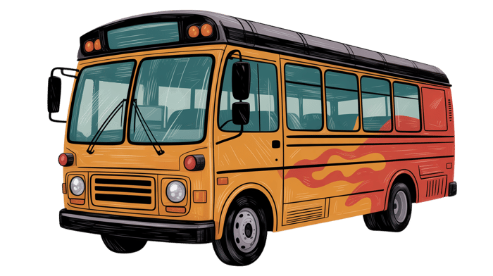 Vintage yellow school bus with flames illustration