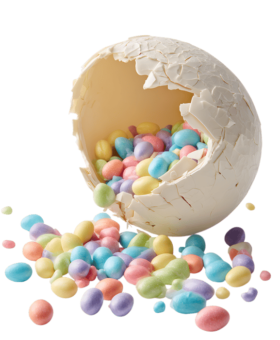 Pastel candies spill from a cracked egg.