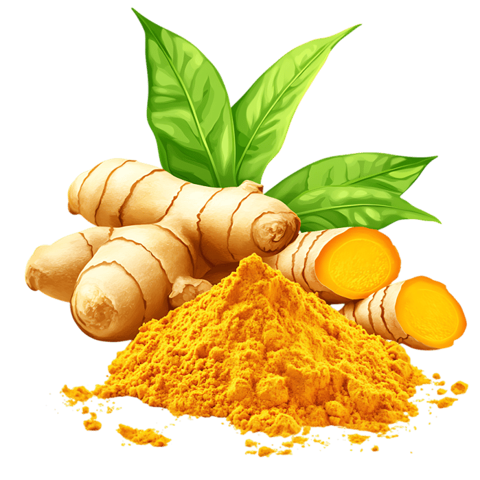 Turmeric root and powder with leaves