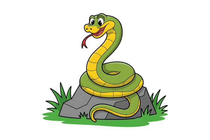 Cartoon snake coiled on rock