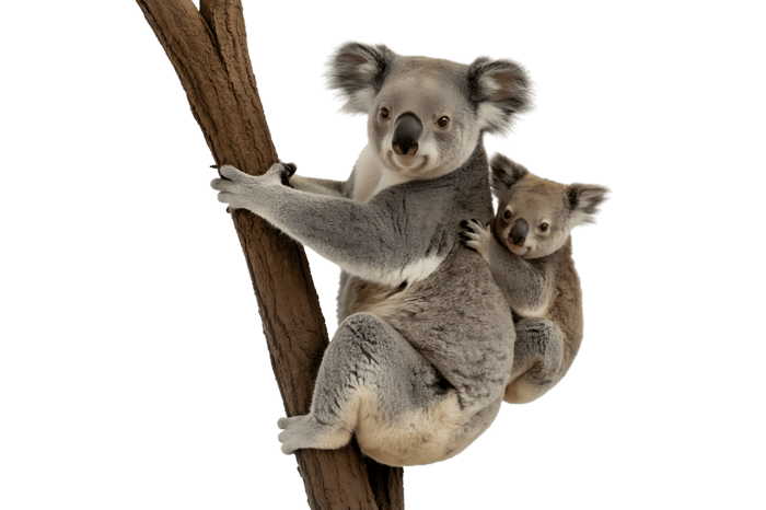 Koala mother and joey on tree branch