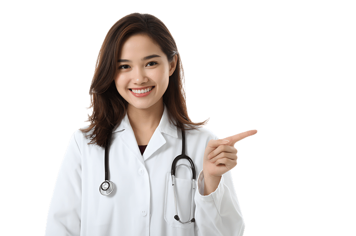 Smiling female doctor points to the right.