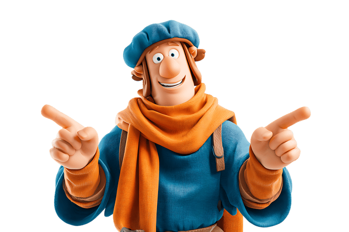 Cartoon man pointing with both hands, cheerful and smiling