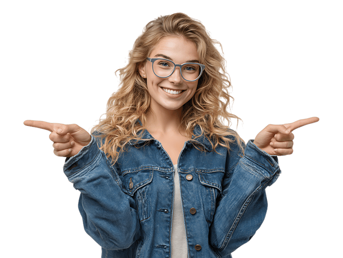 Happy woman pointing sideways, showing space for text or product.
