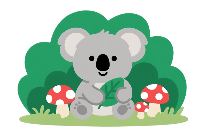 Cute cartoon koala with leaf and mushrooms