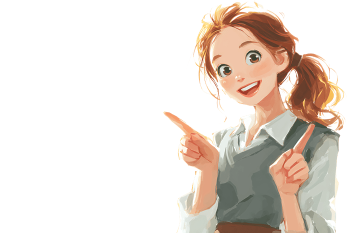 Woman pointing with both hands, happy and smiling