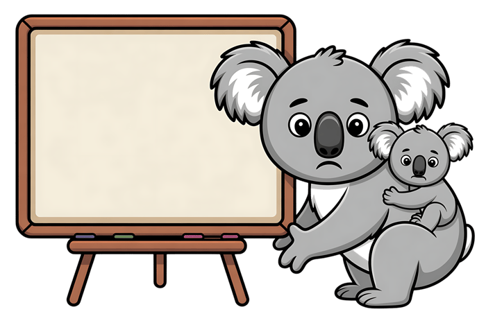 Sad koala bear with baby and blank whiteboard cartoon