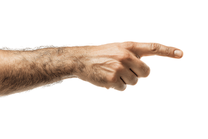 Close up of a male hand pointing right.