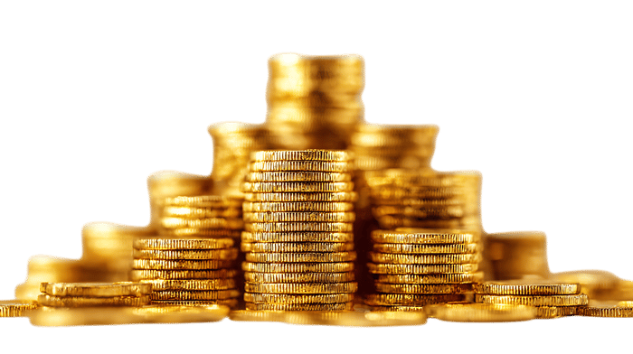 Golden stacks of coins shimmer.