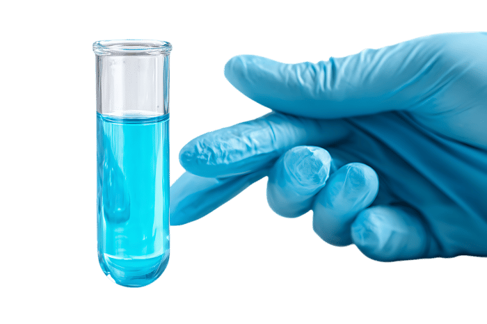 Close up of gloved hand pointing at a test tube with blue liquid.