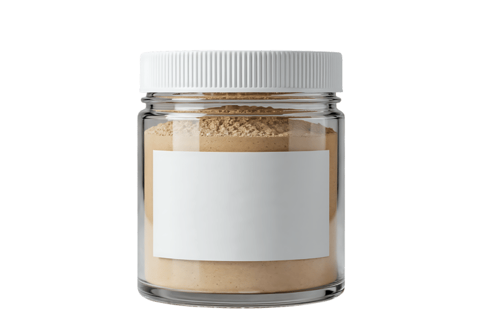 Glass jar with beige powder and blank label373