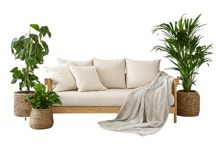 Comfortable sofa with pillows and blanket