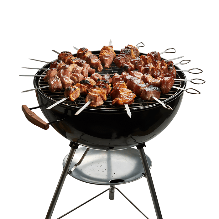 Delicious BBQ skewers grilling on a charcoal grill.