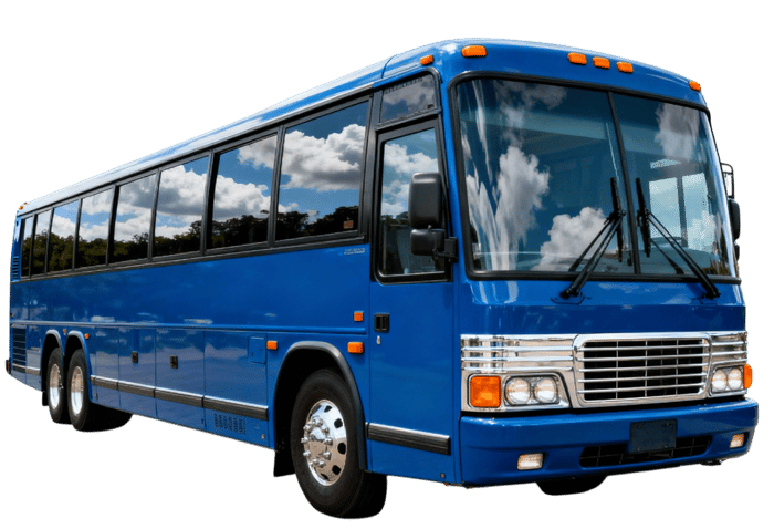 Blue coach bus for passenger transportation and long distance travel