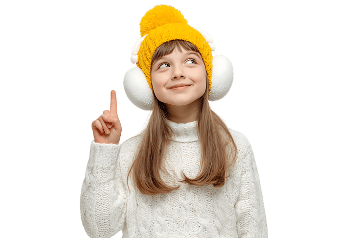 Smiling girl having a bright idea, pointing up.