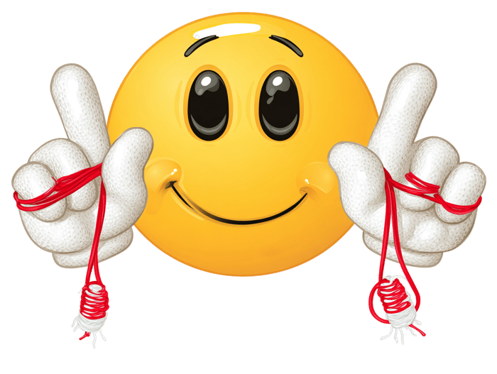 Smiling emoji with hands holding red and white threads