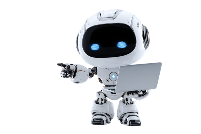 Friendly robot assistant pointing and holding laptop.