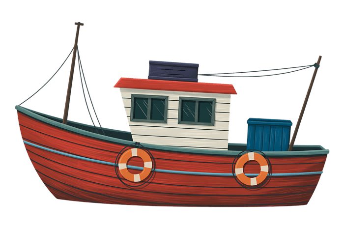 Cartoon illustration of a fishing boat with life preservers