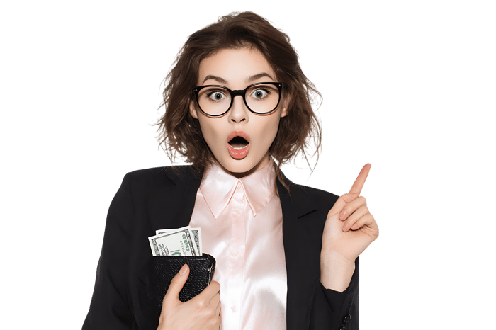 Shocked businesswoman holding money, pointing up.  Success, finance, opportunity concept.