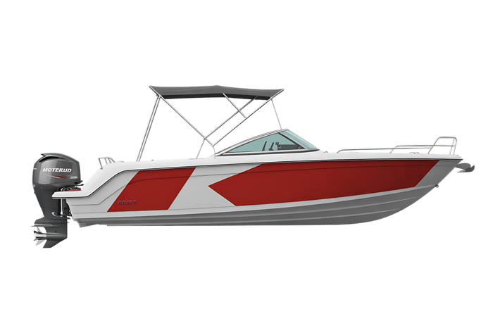 Modern motorboat with red accents for recreation and watersports