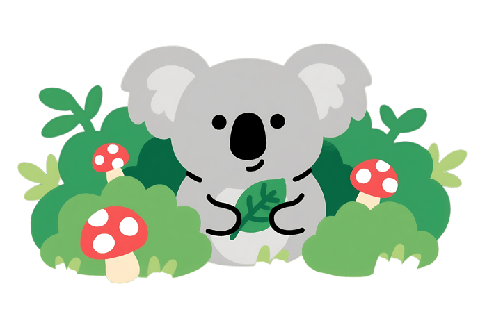 Cartoon koala with leaf and mushrooms