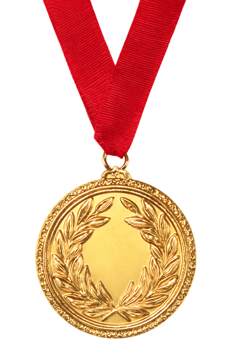 Gold medal with red ribbon. Victory, success, and honor concept.