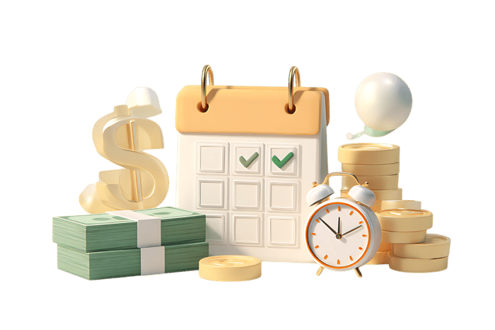 3D illustration of financial planning elements,  dollar sign, calendar, coins, alarm clock, and lightbulb.