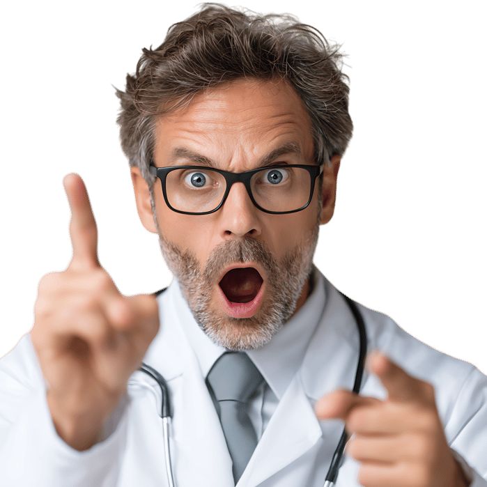 Shocked doctor points a finger.