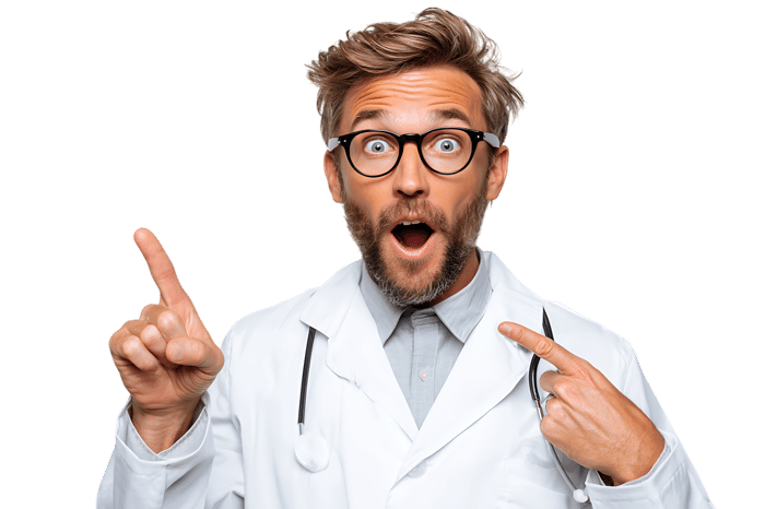 Surprised doctor pointing upwards