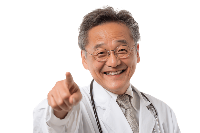 Smiling Asian doctor points at you978
