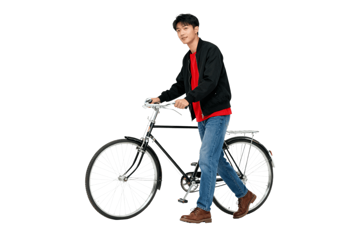 Young man walking with bicycle on transparent background